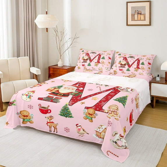 Manfei Teens Merry Christmas Full Size Sheets, Snowflake Initial Letter M Bed Sheets, Girly Pink Princess Cartoon Sheet Sets, Luxury Bedroom Decor, 4 Pieces