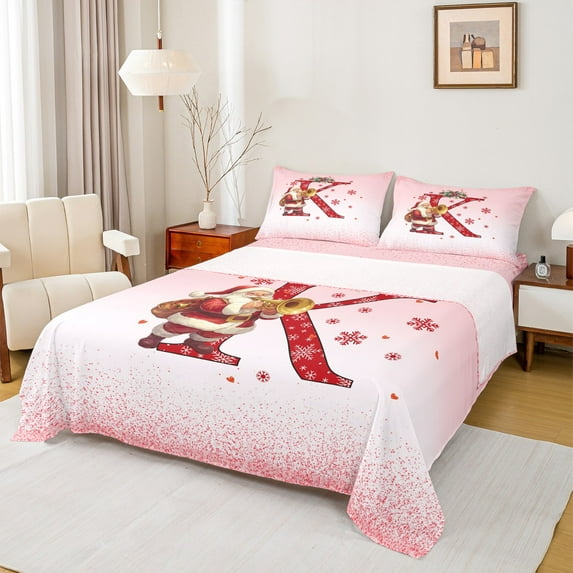 Manfei Teens Merry Christmas Twin Sheet Sets, Initial Letter K Twin Fitted Sheet, Girly Pink Princess Cartoon Flat Sheet, Luxury Bedroom Decor, 3-Piece