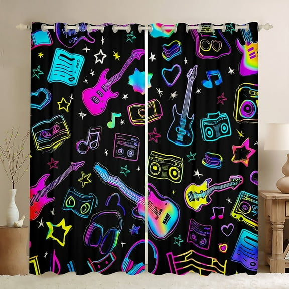 Manfei Teens Neon Guitar Blackout Curtains Set of 2 (52x84 Each), Hip Hop Pop Music Window Curtains, Dreamy Cartoon Stars Curtains and Drapes, Curtains and Drapes Room Decor