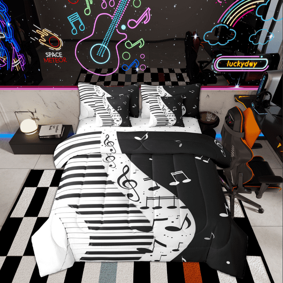 Manfei Teens Piano Music Bedding Comforter Set 7-Piece, Geometric Stripes King Bedding Sets, Black White Musical Note Bed Sheets, Ultra Soft Home Decor