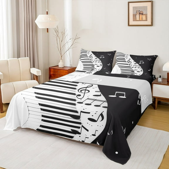 Manfei Teens Piano Music Twin Sheet Sets, Geometric Stripes Twin Fitted Sheet, Black White Musical Note Flat Sheet, Ultra Soft Home Decor, 3pcs