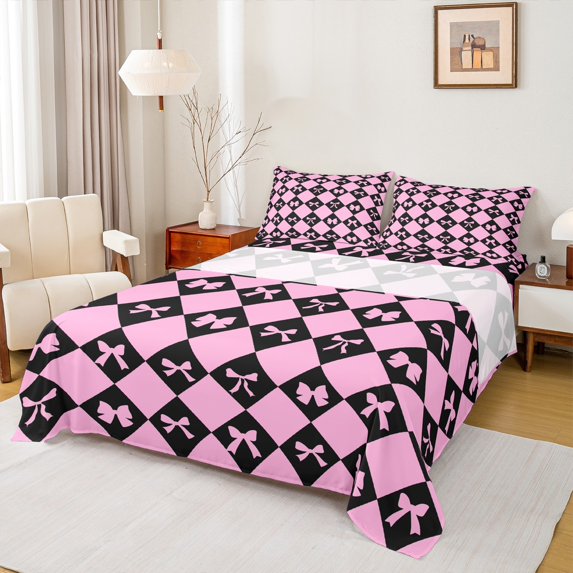 Manfei Teens Pink Black Bowknot Twin Sheet Sets, Cartoon Buffalo Plaid Twin Fitted Sheet, Kawaii Princess Ribbon Flat Sheet, Breathable Home Decor, 3-Piece