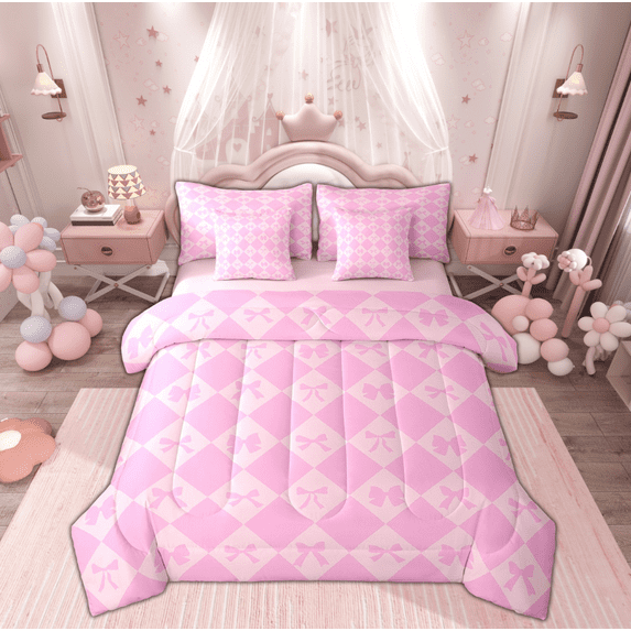 Manfei Teens Pink Bowknot Bedding Comforter Set 7 Pieces, Cartoon Buffalo Plaid Full Bedding Set, Kawaii Princess Ribbon Reversible Fitted Sheet Flat Sheet, Ultra Soft Home Decor