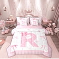 thumbnail image 1 of Manfei Teens Pink Bowknot Bedding Comforter Set 7 Pieces, Kawaii Monogrammed R Full Bedding Set, Buffalo Plaid Ribbon Reversible Fitted Sheet Flat Sheet, Lightweight Room Decor, 1 of 7