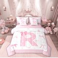 thumbnail image 1 of Manfei Teens Pink Bowknot Twin Bedding Sets 7-Piece, Kawaii Monogrammed R Bedding Comforter Set, Buffalo Plaid Ribbon Reversible Sheet Sets, Lightweight Room Decor, 1 of 7