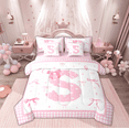 thumbnail image 1 of Manfei Teens Pink Bowknot Twin Bedding Sets 7-Piece, Kawaii Monogrammed S Bedding Comforter Set, Buffalo Plaid Ribbon Reversible Sheet Sets, Ultra Soft Home Decor, 1 of 7