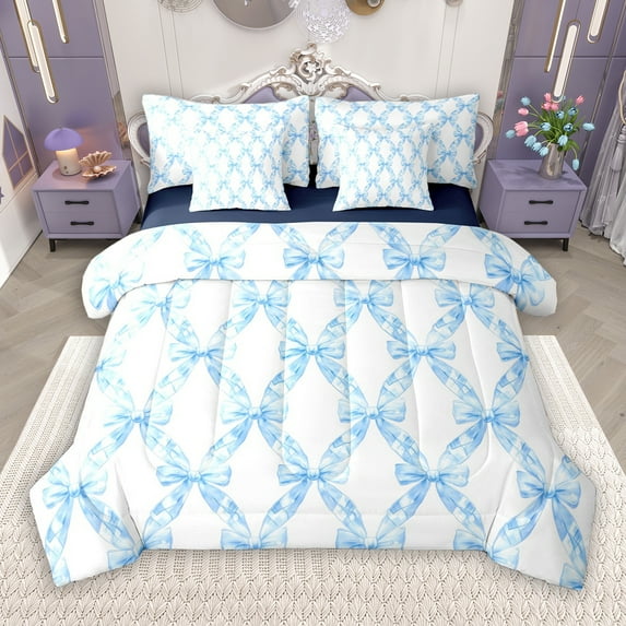 Manfei Teens Plaid Bowknot 7-Piece Twin Bedding Sets, Blue Cute Ribbon Bow Bedding Comforter Set, Princess Cartoon Theme Reversible Sheet Sets, Lightweight Room Decor