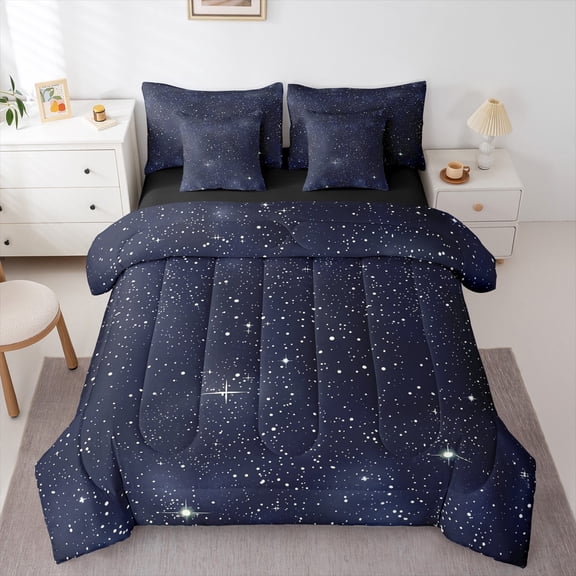 Manfei Teens Psychedelic Galaxy Bedding Comforter Set 7-Piece, Dreamy Bling Stars Print King Bedding Sets, Starry Sky Reversible Bed Sheets, Microfiber Bedroom Decor