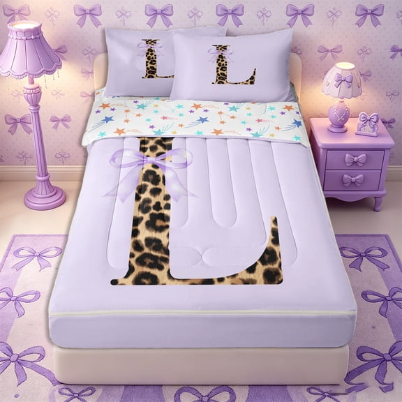 Manfei Teens Purple Bow Initial L Zipper Twin Comforter Sets with Fitted Sheet and 2 Pillowcases,Cheetah Print Letter Zipper Bedding Set,4-Piece,Reversible