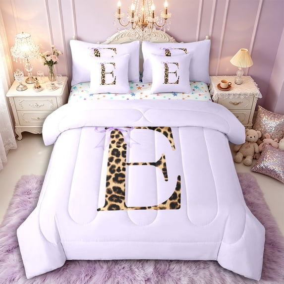 Manfei Teens Purple Bow Personalized Initial E Bedding Comforter Set 7-Piece,Kids Girls Cheetah Print Letter Monogrammed King Bedding Sets,Lightweight Room Decor