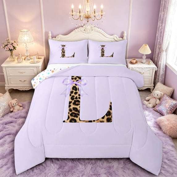 Manfei Teens Purple Bow Personalized Initial L Full Size Comforter Sets 3 Pieces,Kids Girls Cheetah Print Letter Monogrammed Bedding Sets,Microfiber Bedroom Decor