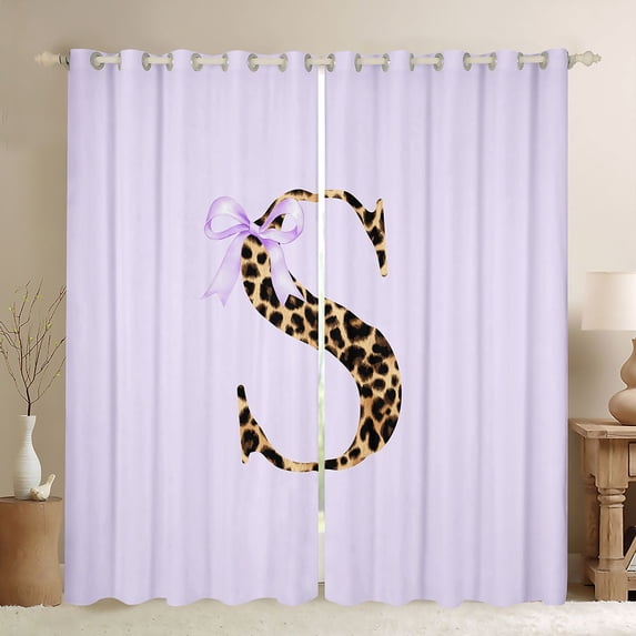 Manfei Teens Purple Bow Personalized Initial S Curtains Pack of 2 (42x84 Each),Kids Girls Cheetah Print Letter Monogrammed Curtains Blackout,Ultra Soft Home Decor