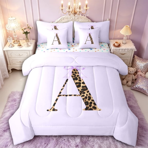 Manfei Teens Purple Bow Personalized Initial A Twin Bedding Sets 7-Piece,Kids Girls Cheetah Print Letter Monogrammed Bedding Comforter Set,Ultra Soft Home Decor
