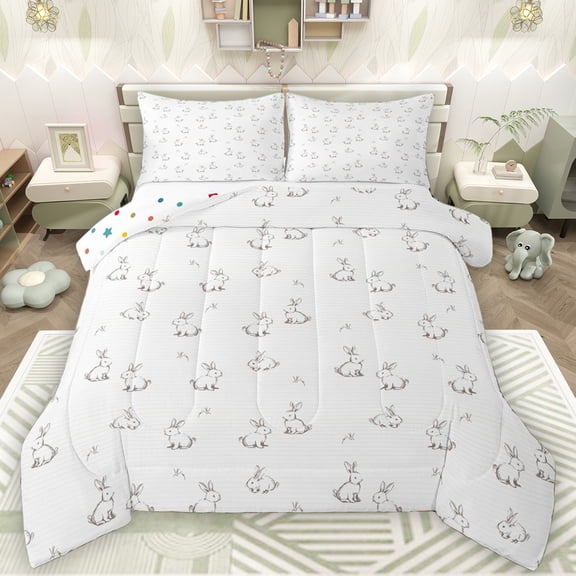Manfei Teens Rabbit Bunnies Full Size Comforter Sets, Chic Stripe Lines Bedding Comforter Set, Cartoonn Animal Theme Reversible Bedding Sets, Luxury Bedroom Decor, 3 Pieces