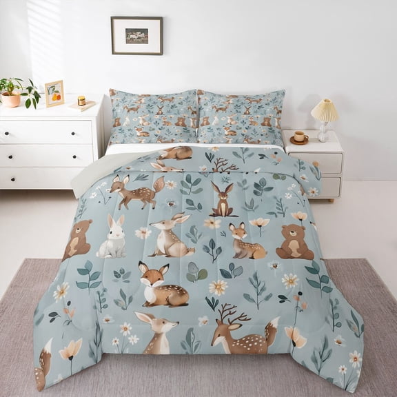 Manfei Teens Rabbit Deer Bear Bedding Comforter Set 2pcs,Cartoon Jungle Animal Twin Comforter Sets Microfiber,Chic Flowers Breathable Bedding Set,Ultra Soft Home Decor,Reversible