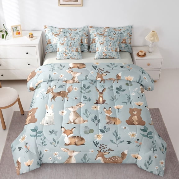 Manfei Teens Rabbit Deer Bear Bedding Comforter Set 7-Piece,Cartoon Jungle Animal King Bedding Sets,Chic Flowers Ultra Soft Bed Sheets,Ultra Soft Home Decor,Reversible