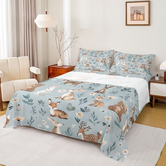 Manfei Teens Rabbit Deer Bear Twin Sheet Sets 3pcs,Cartoon Jungle Animal Twin Fitted Sheet Microfiber,Chic Flowers Breathable Flat Sheet,Ultra Soft Home Decor