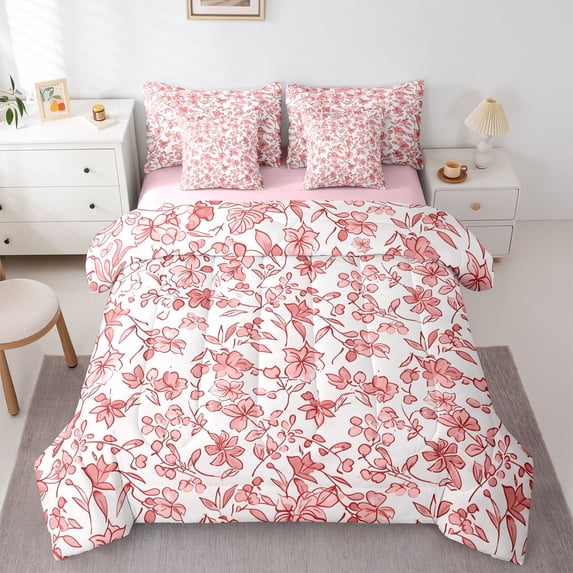 Manfei Teens Red Flowers Bedding Comforter Set 7pcs,Spring Garden Queen Bedding Sets Super Cozy,Tree Leaves Queen Sheet Sets,Breathable Home Decor,Reversible