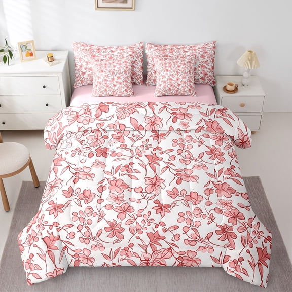 Manfei Teens Red Flowers Twin Bedding Sets 7-Piece,Spring Garden Bedding Comforter Set Microfiber,Tree Leaves Breathable Sheet Sets,Breathable Home Decor,Reversible