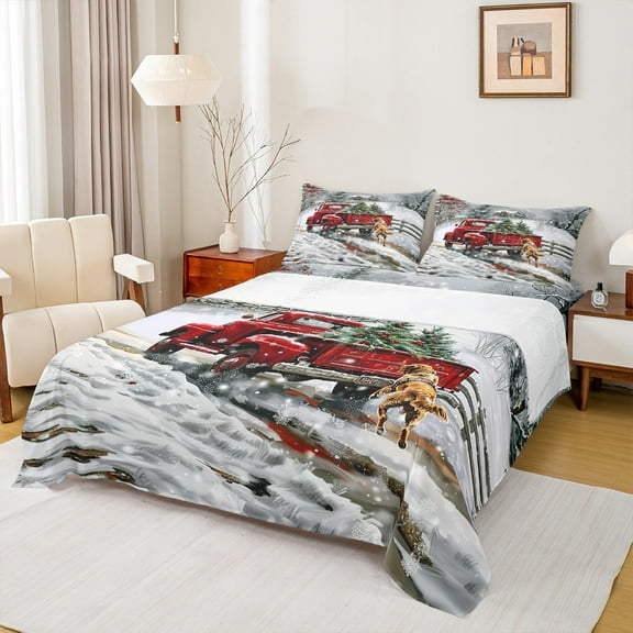 Manfei Teens Red Truck 3pcs Twin Sheet Sets,Merry Christmas Twin Fitted Sheet,Animal Dog Breathable Flat Sheet,Ultra Soft Home Decor