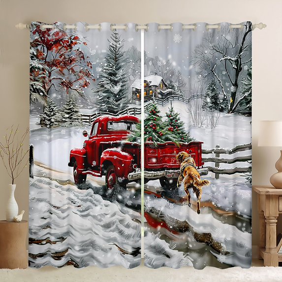 Manfei Teens Red Truck Black Out Curtains,Merry Christmas Curtains Pack of 2 (42x63 Each),Animal Dog Bedroom Curtains,Ultra Soft Home Decor