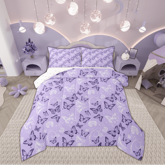 Manfei Teens Romantic Butterfly Full Size Comforter Sets, Black White Bedding Comforter Set, Fashion Flower Floral Reversible Bedding Sets, Breathable Home Decor, 3 Pieces