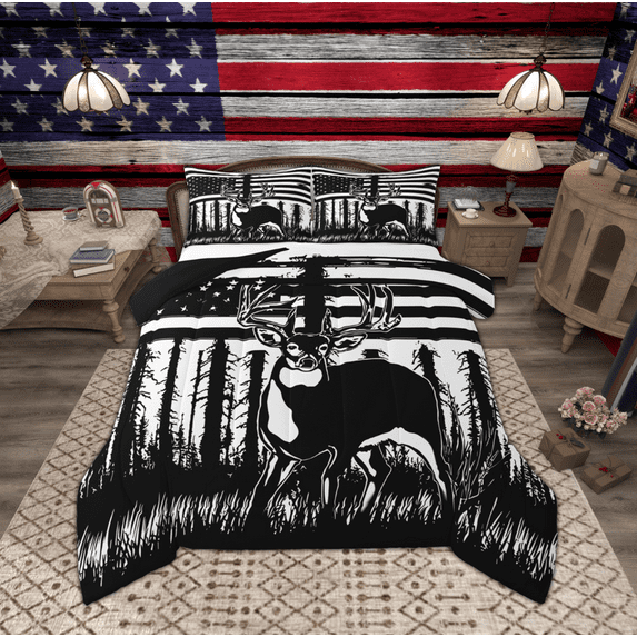 Manfei Teens Rustic Reindeer Bedding Comforter Set, Black White Stripes Twin Comforter Sets, Farmhouse Animal Wildlife Reversible Bedding Set, Breathable Home Decor, 2-Piece
