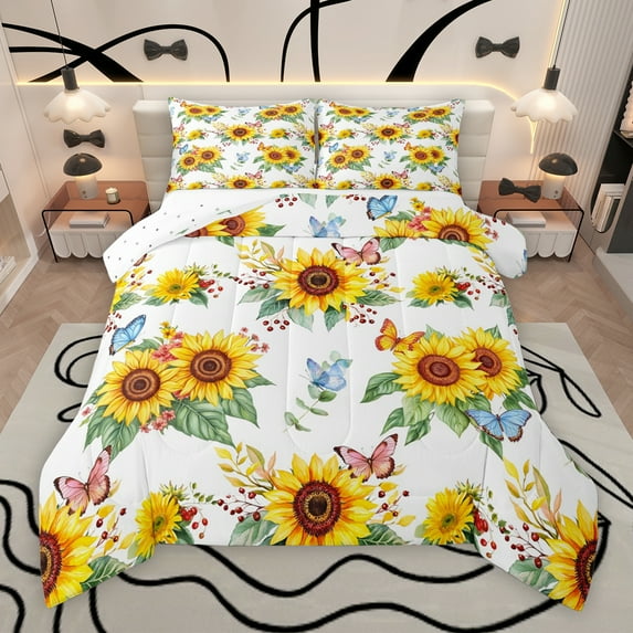 Manfei Teens Rustic Sunflower Queen Comforter Set, Kawaii Farmhouse Butterfly Moth Bedding Sets, White Yellow Reversible Bedding Comforter Set, Luxury Bedroom Decor, 3-Piece