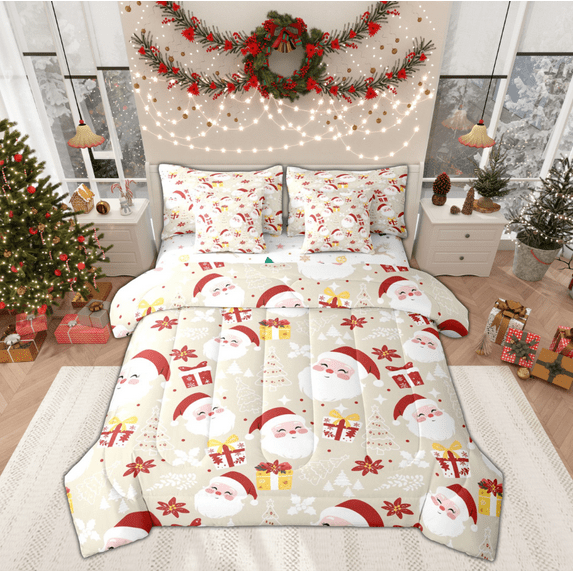 Manfei Teens Santa Claus Bedding Comforter Set 7pcs, Christmas Tree Gifts Queen Bedding Sets, Xmas Poinsettia Flower Reversible Queen Sheet Sets, Ultra Soft Home Decor