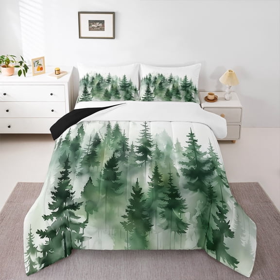Manfei Teens Smoky Jungle 3 Pieces Queen Comforter Set,Green White Ultra Soft Bedding Sets,Botanical Plants Bedding Comforter Set Breathable,Microfiber Bedroom Decor,Reversible