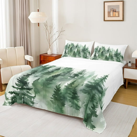 Manfei Teens Smoky Jungle 4 Pieces Queen Sheet Sets,Green White Ultra Soft Flat Sheet,Botanical Plants Queen Fitted Sheet,Microfiber Bedroom Decor