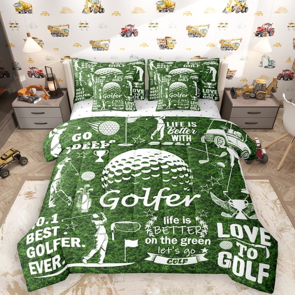 Manfei Teens Sports Golf 7-Piece Bedding Comforter Set, East Golfer Ever King Bedding Sets, Vintage Green Cartoon Reversible Bed Sheets, Luxury Bedroom Decor