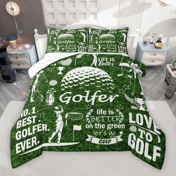 Manfei Teens Sports Golf Queen Comforter Set, East Golfer Ever Bedding Sets, Vintage Green Cartoon Reversible Bedding Comforter Set, Luxury Bedroom Decor, 3 Pieces
