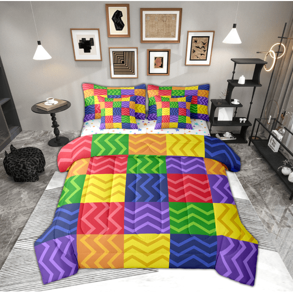 Manfei Teens Stripes Waves Bedding Comforter Set 7-Piece, Cartoon Geometric Abstract King Bedding Sets, Square Patchwork Buffalo Reversible Bed Sheets, Microfiber Bedroom Decor