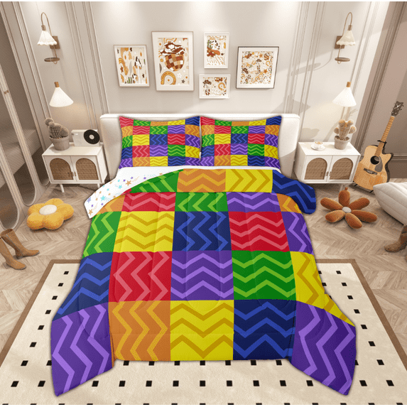 Manfei Teens Stripes Waves Full Size Comforter Sets, Cartoon Geometric Abstract Bedding Comforter Set, Square Patchwork Buffalo Reversible Bedding Sets, Microfiber Bedroom Decor, 3-Piece