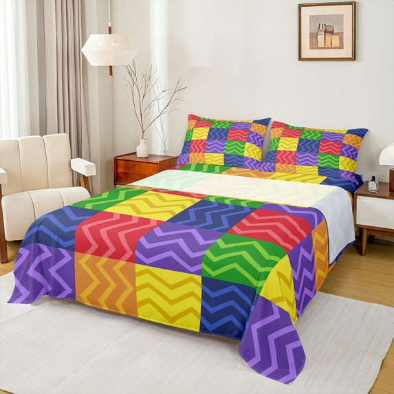 Manfei Teens Stripes Waves Full Size Sheets, Cartoon Geometric Abstract Bed Sheets, Square Patchwork Buffalo Sheet Sets, Microfiber Bedroom Decor, 4-Piece