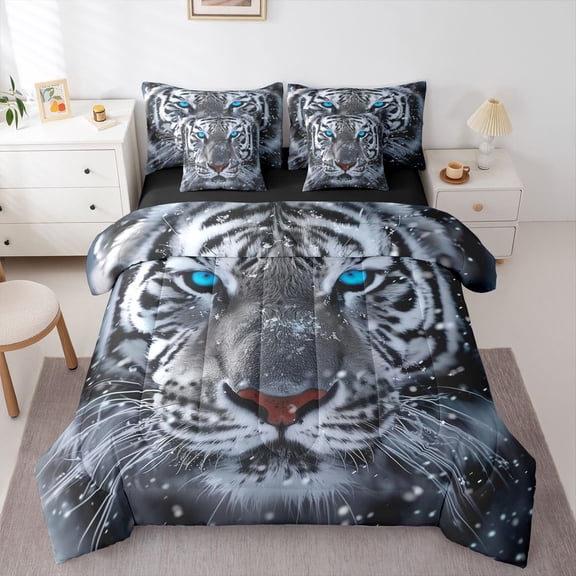 Manfei Teens Tiger Animal Bedding Comforter Set 7-Piece,Woodland Wildlife King Bedding Sets,Black White Blue Ultra Soft Bed Sheets,Luxury Bedroom Decor,Reversible