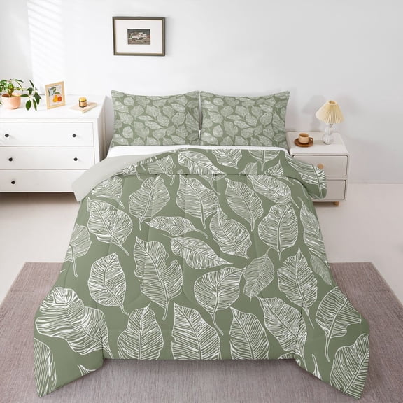 Manfei Teens Tree Leaves 2pcs Bedding Comforter Set,Green White Twin Comforter Sets,Botanical Plants Breathable Bedding Set,Ultra Soft Home Decor,Reversible
