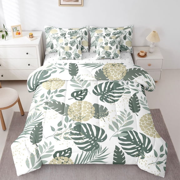 Manfei Teens Tropical Tree Leaves Twin Bedding Sets 7-Piece,Green White Bedding Comforter Set Microfiber,Botanical Plants Breathable Sheet Sets,Lightweight Room Decor,Reversible