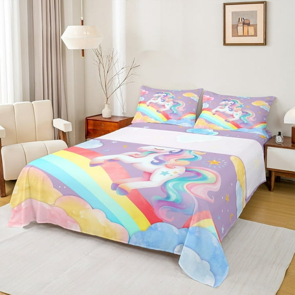 Manfei Teens Unicorn Bed Sheets Full, Rainbow Galaxy Full Sheet Sets, Cartoon Theme Bedding Sets Full Size, Ultra Soft Room Decorative, 4-Piece