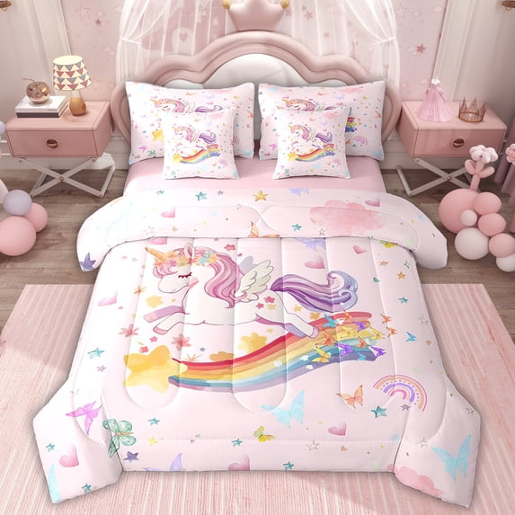 Manfei Teens Unicorn Bedding Sets Twin Size, Rainbow Butterfly Bed in a Bag Twin size, Cartoon Theme Reversible Comforter Sets with Sheets, Breathable Room Decorative, 7pcs