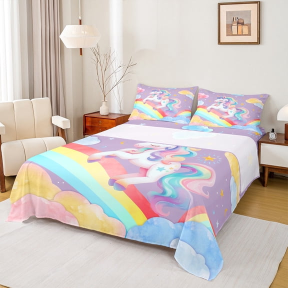 Manfei Teens Unicorn King Sheet Sets, Rainbow Galaxy Sheet Set King, Cartoon Theme Bed Sheets Set King Size, Ultra Soft Room Decorative, 4-Piece