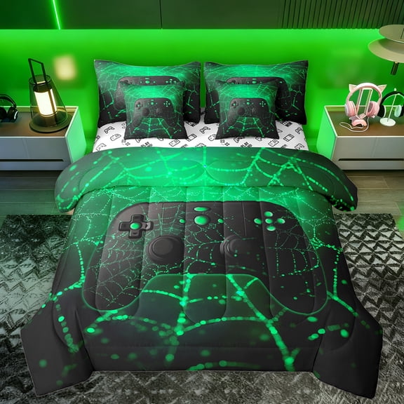 Manfei Teens Video Game 7-Piece Bedding Comforter Set,Console Game Lover King Bedding Sets,Green Spider Webs Bed Sheets For Kids,Microfiber Bedroom Decor Reversible
