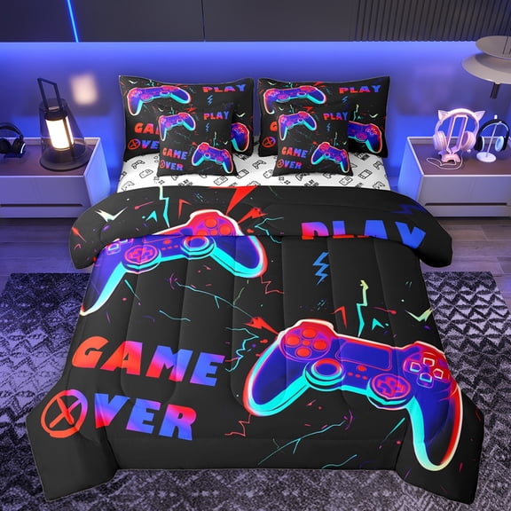 Manfei Teens Video Game 7-Piece Bedding Comforter Set,Console Game Lover King Bedding Sets,Pink Blue Black Bed Sheets For Kids,Microfiber Bedroom Decor Reversible