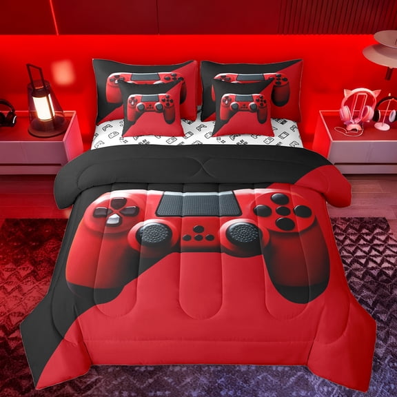 Manfei Teens Video Game 7-Piece Twin Bedding Sets,Console Game Lover Bedding Comforter Set,Green Black Sheet Sets For Kids,Microfiber Bedroom Decor Reversible