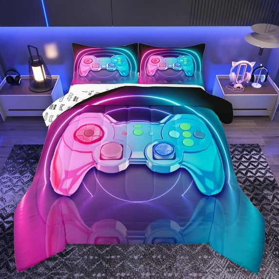 Manfei Teens Video Game Bedding Comforter Set,Console Game Lover Twin Comforter Sets,Gradient Pink Blue Bedding Set For Kids,Microfiber Bedroom Decor Reversible,2 Pieces