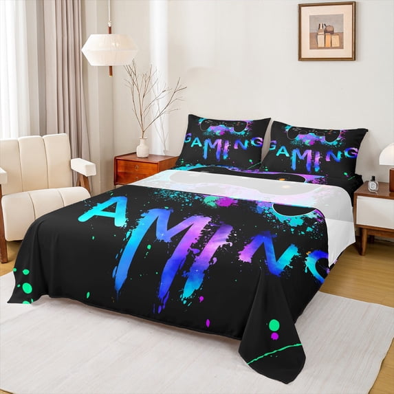 Manfei Teens Video Game Queen Sheet Sets,Console Game Lover Flat Sheet,Purple Cyan Black Queen Fitted Sheet For Kids,Microfiber Bedroom Decor,4-Piece