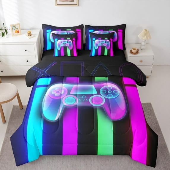 Manfei Teens Video Game Twin Bedding Sets 7-Piece, Chic Geometric Gamepad Bedding Comforter Set, Futuristic Stripes Reversible Sheet Sets, Super Cozy Room Decor