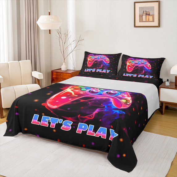 Manfei Teens Video Game Twin Sheet Sets,Console Game Lover Twin Fitted Sheet,Colorful Flame Flat Sheet For Kids,Microfiber Bedroom Decor,3 Pieces
