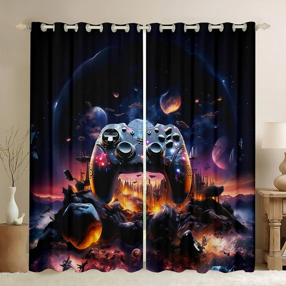Manfei Teens Video Gamer Blackout Curtains Set of 2 (52x84 Each),Gamepad Game Lovers Window Curtains,Black Orange Curtains and Drapes For Kids,Luxury Bedroom Decor